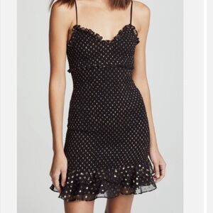 LIKELY Zephra Allover Smocked Gold Metallic Polka Dot Black Mini Dress